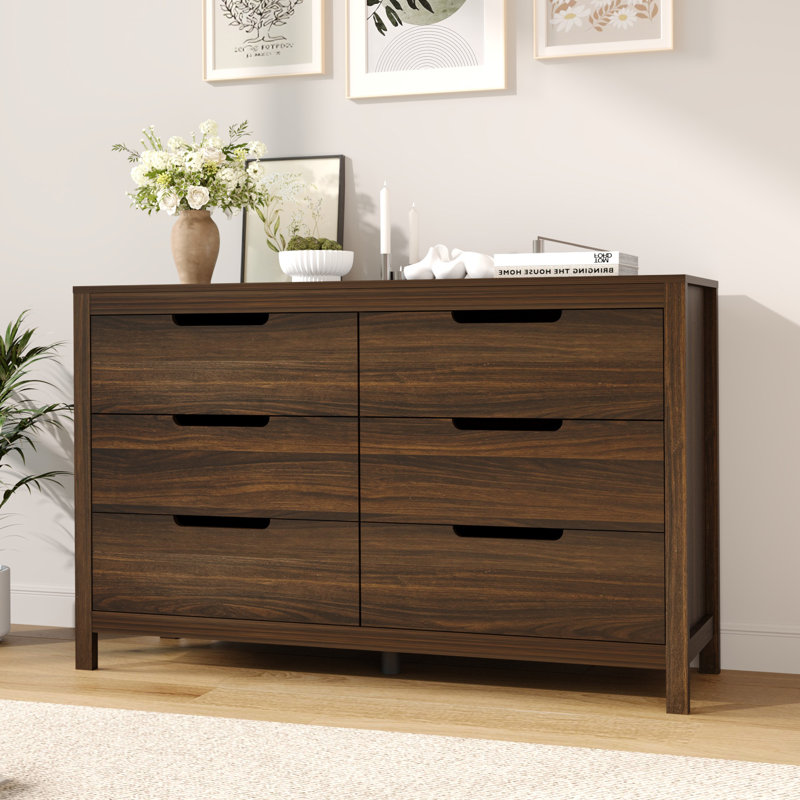 Commode 6 tiroirs pour chambre à coucher, commode moderne de 51 po de large avec rangement, grand meuble télé de commode, rangement en bois pour le salon, couloir, brun