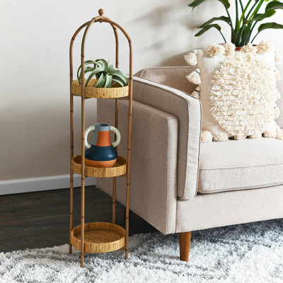 Elinna Boho Arched Metal Plant Stand or Shelf with 3 Round Removable Rattan Trays