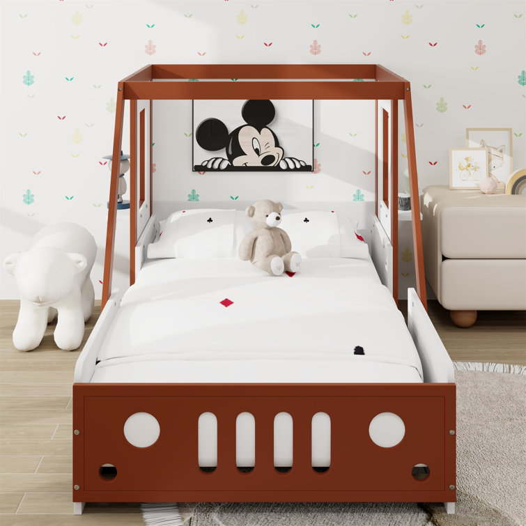 Car-Shaped Platform Bed with Wheels Wood Bed Frames Twin Size Kids Bed  Furniture