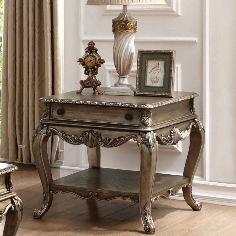 Vintage Oak Rectangular End Table with Ornate Carvings