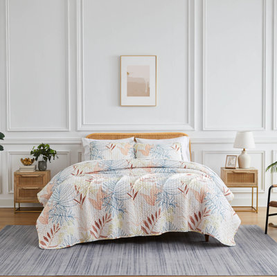 Tropic Leaf Collection Beige/Blue/Brown Microfiber Reversible Quilt Set