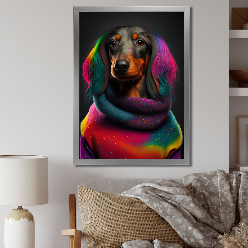 Teckel froid dans un chandail arc-en-ciel - Imprimé, H 44 po x l 34 po x P 1,5 po, Cadre simple gris