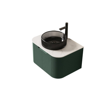 Meuble-lavabo 36 po, armoire de salle de bain en contreplaqué rayé à bords arrondis avec tiroir, vasque en cristal et plateau en pierre frittée, pré-assemblé