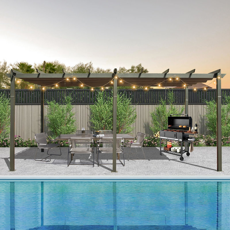 11 X 20 Ft Outdoor Living Pergola With Weather- Canopy. Construction, , Adjustable, Easy Assembly For Courtyard & Garden Aluminum Frame, Fabric, Effortless Setup - Dark Gray