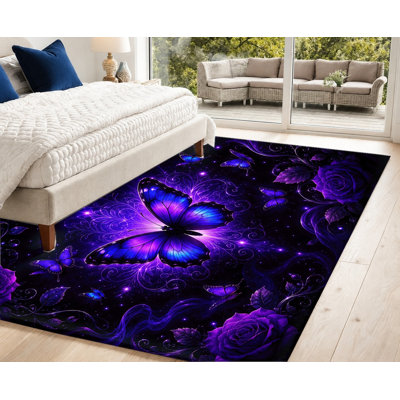 Tapis lavable en machine à motif papillon et rose fantaisie avec envers antidérapant, tapis de sol artistique au design galaxie vibrant, décoration intérieure confortable pour salon, chambre, dortoir, appartement, entrée, cuisine, balcon, terrasse