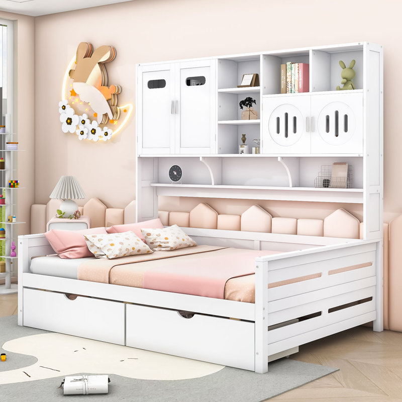 Wooden Daybed with Shelves and 2 Drawers, Full/Double, White