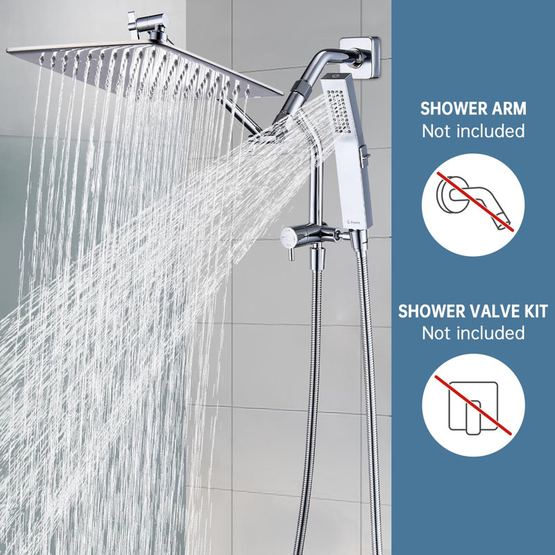 10 Inches Rain Shower Head, 3-Way Diverter With Pause Setting,Adjustable Extension Arm, Chrome