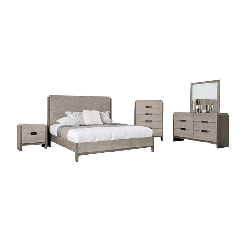Ensemble de chambre avec grand lit 5 pièces Rizvi, table de chevet et commode, bois massif gris