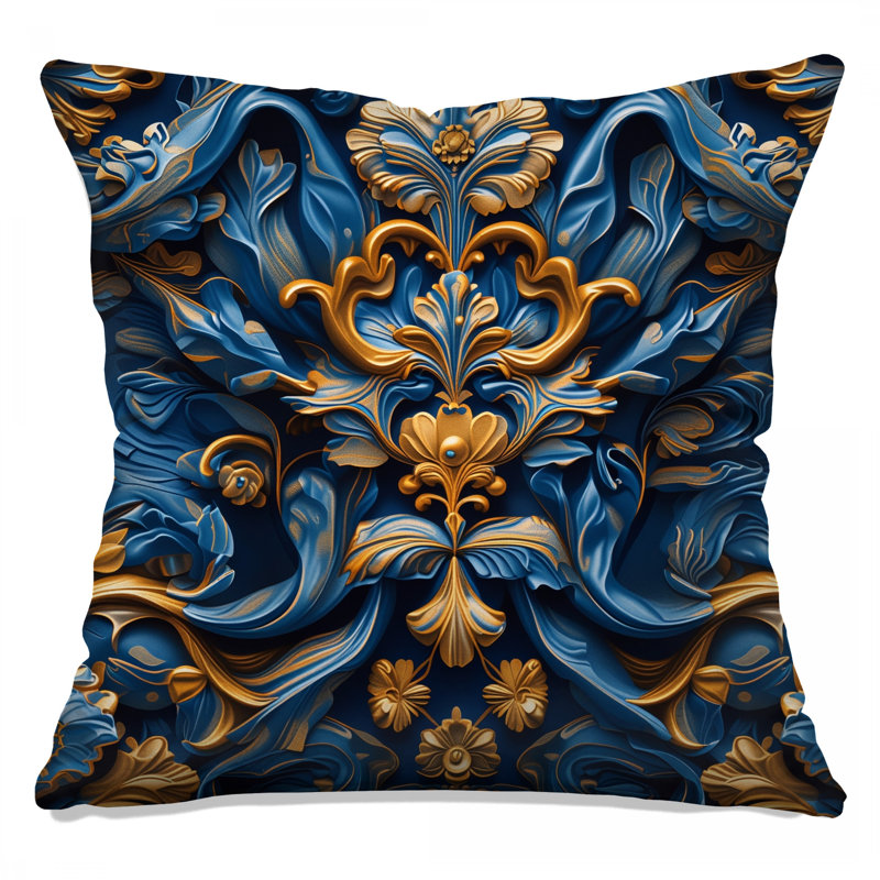 Coussins décoratifs à motif baroque bleu et or, 26 po x 26 po