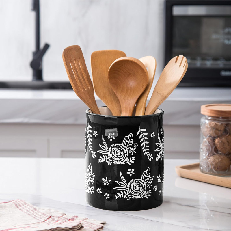 Black Floral Porcelain Cylinder Utensil Crock