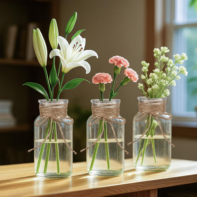 Vases en verre avec plantes artificielles, ensemble de 3 vases transparents rétro avec verdure artificielle, pot cylindrique unique pour centres de mariage rustiques, décoration de table de maison, arrangements floraux de ferme (12 pièces)