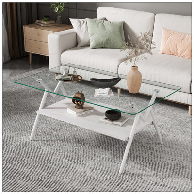 Table basse moderne moderne avec plateau en verre trempé et pieds en métal, pour un salon élégant