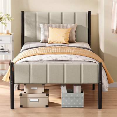 Single Metal Bed Frame with Upholstered Headboard