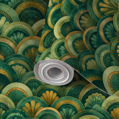 Peel and Stick Wallpaper Contact Paper Green Scalloped Gradient Hues Art Deco Style Self Adhesive and Removable 17.7in x 118in(45x300cm)
