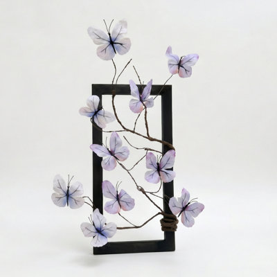 15.7" Handcrafted Pink Butterfly Twig Branch Black Rectangular Frame Wall Hanging Art, Boho Artificial Butterfly Branch Wall Decor for Bedroom Living Room Entryway Home Decor
