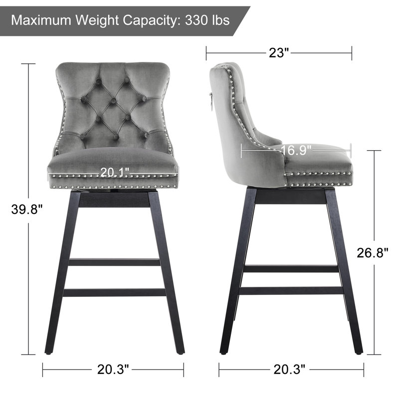 Tabouret de bar pivotant à 360 ° en velours avec dossier, garniture cloutée et pieds robustes en bois massif, fauteuil confortable pour la cuisine, la salle à manger et le restaurant