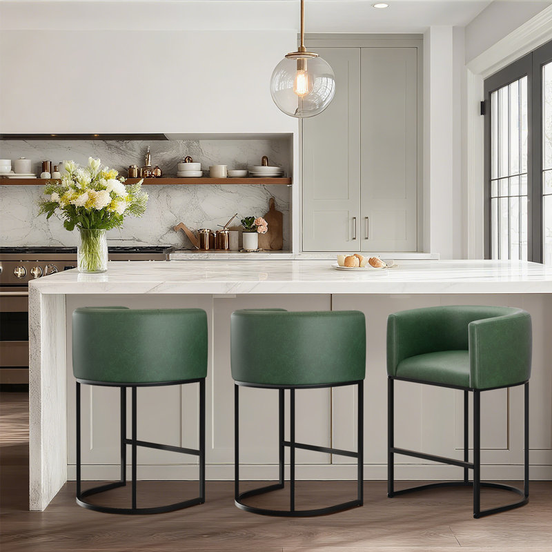 Pu Leather Counter Stool Barrel Counter Height Stools Set of 3, Green