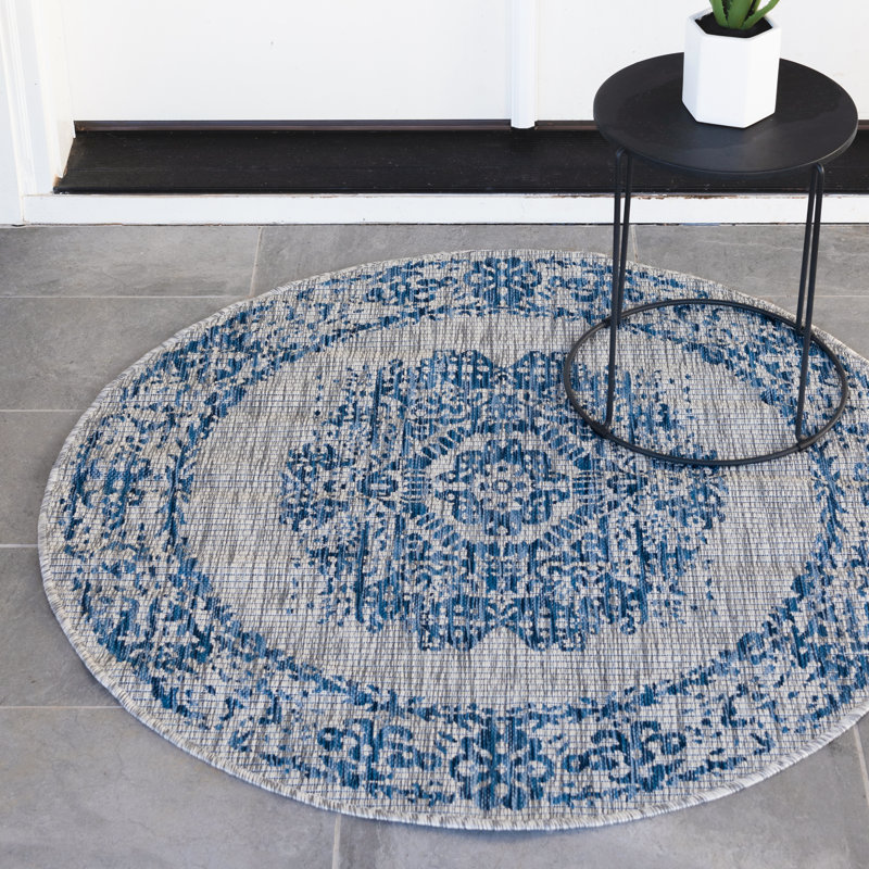 Tapis oriental bleu / gris Cowell, Rond 4 pi 1 po