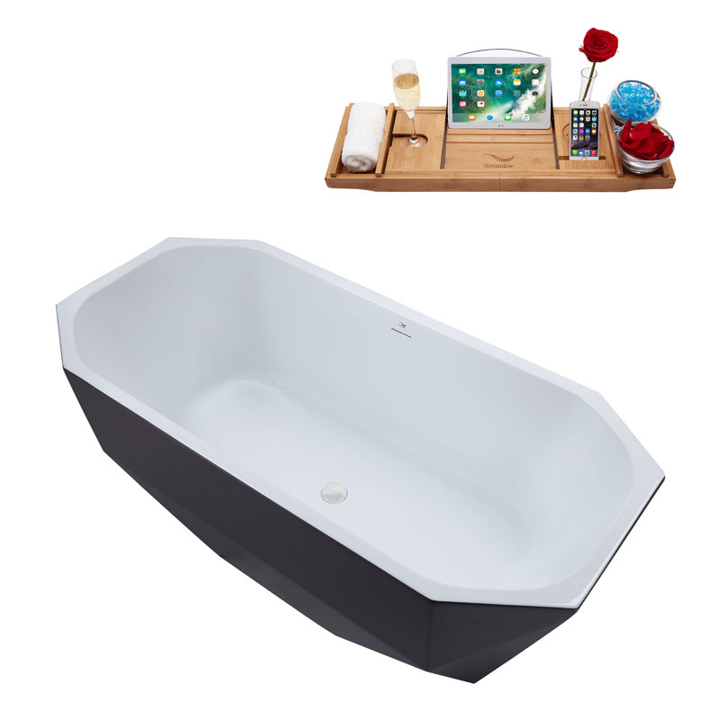Baignoire de trempage autoportante en acrylique 63 "avec drain et plateau en bambou 63" Streamline, Blanc lustré