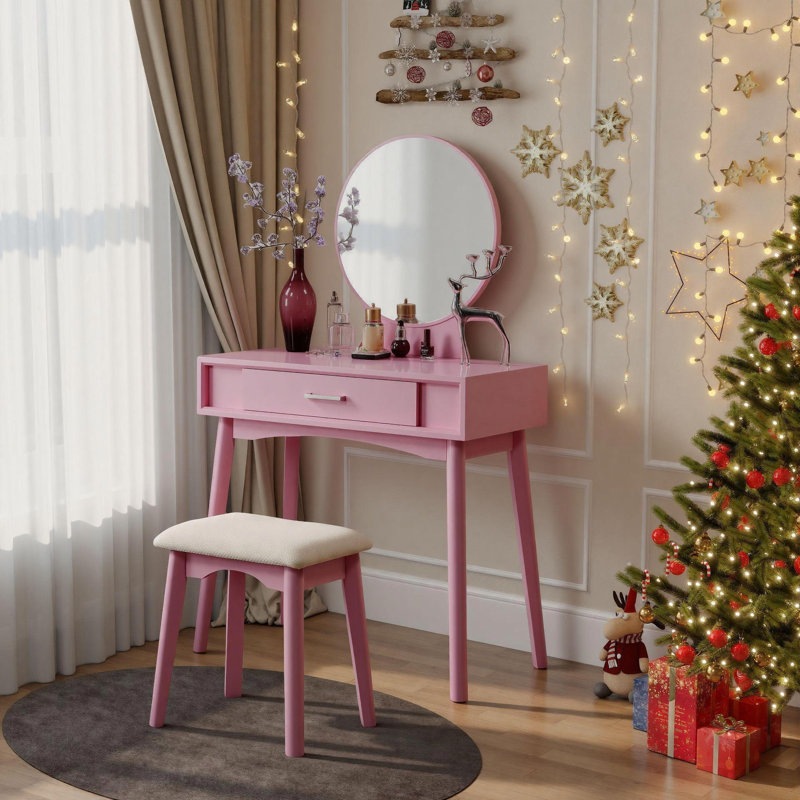 Ensemble coiffeuse et tabouret contemporain en bois avec tiroir, Rose