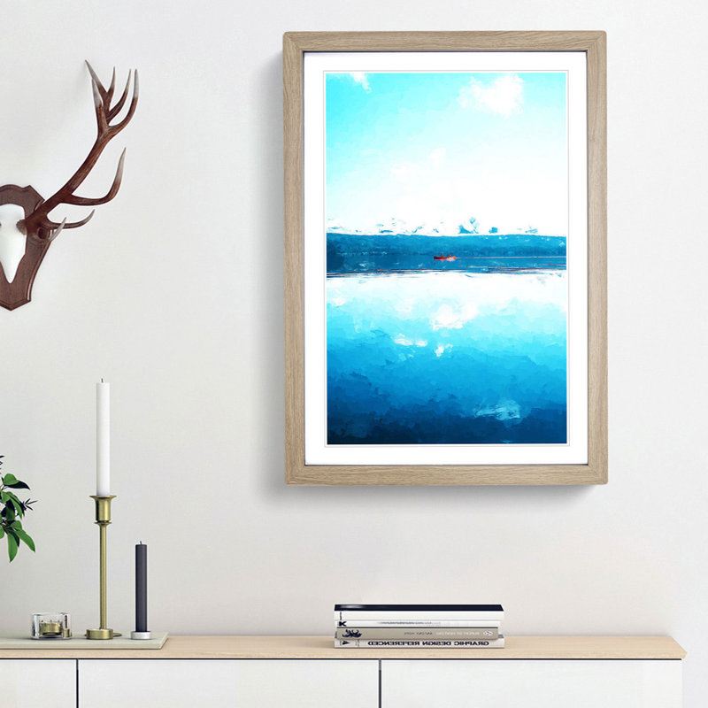 Red Kayak on a Lake in Sweden in Abstract - Picture Frame Graphic Art Print, Oak Framed, 65cm H x 48cm W x 2cm D