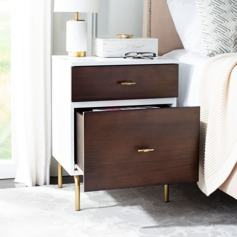 Elegant Linaris 18'' W Nightstand – Mid-Century Modern Rustic 2-Drawer Wood Table with Gold Handles, White/Gold