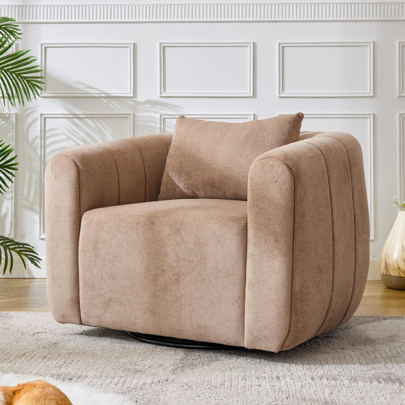 37” Wide Upholstered Swivel Chair, Brown Polyester