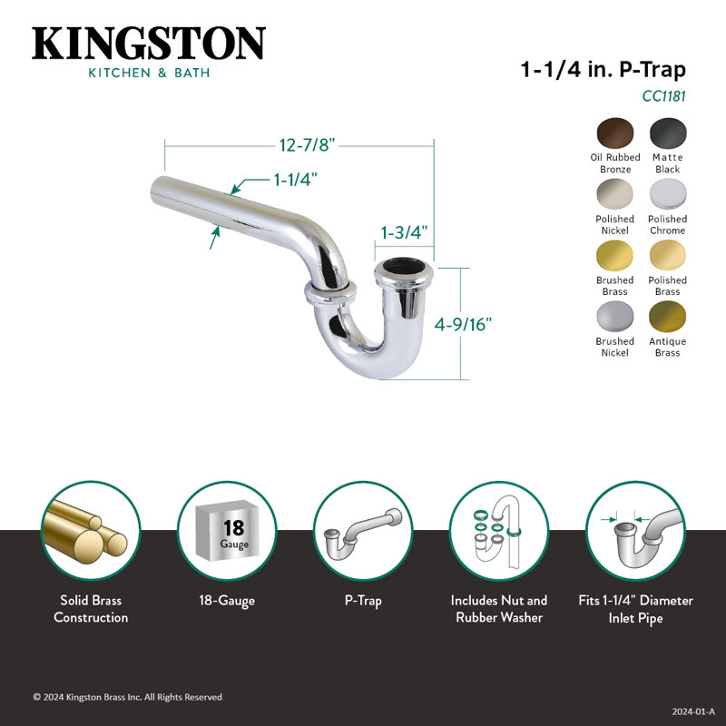 Kingston Brass Made To Match 1-1/4 Inch Decor P-Trap without Flange, 12-7/8 Inch Length, 18 Gauge, Antique Brass