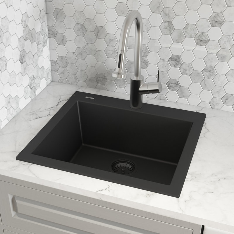 Ruvati 22 x 20 inch epiGranite Drop-in Topmount Granite Composite Quartz Single Bowl Wet Bar Prep Sink - Midnight Black -