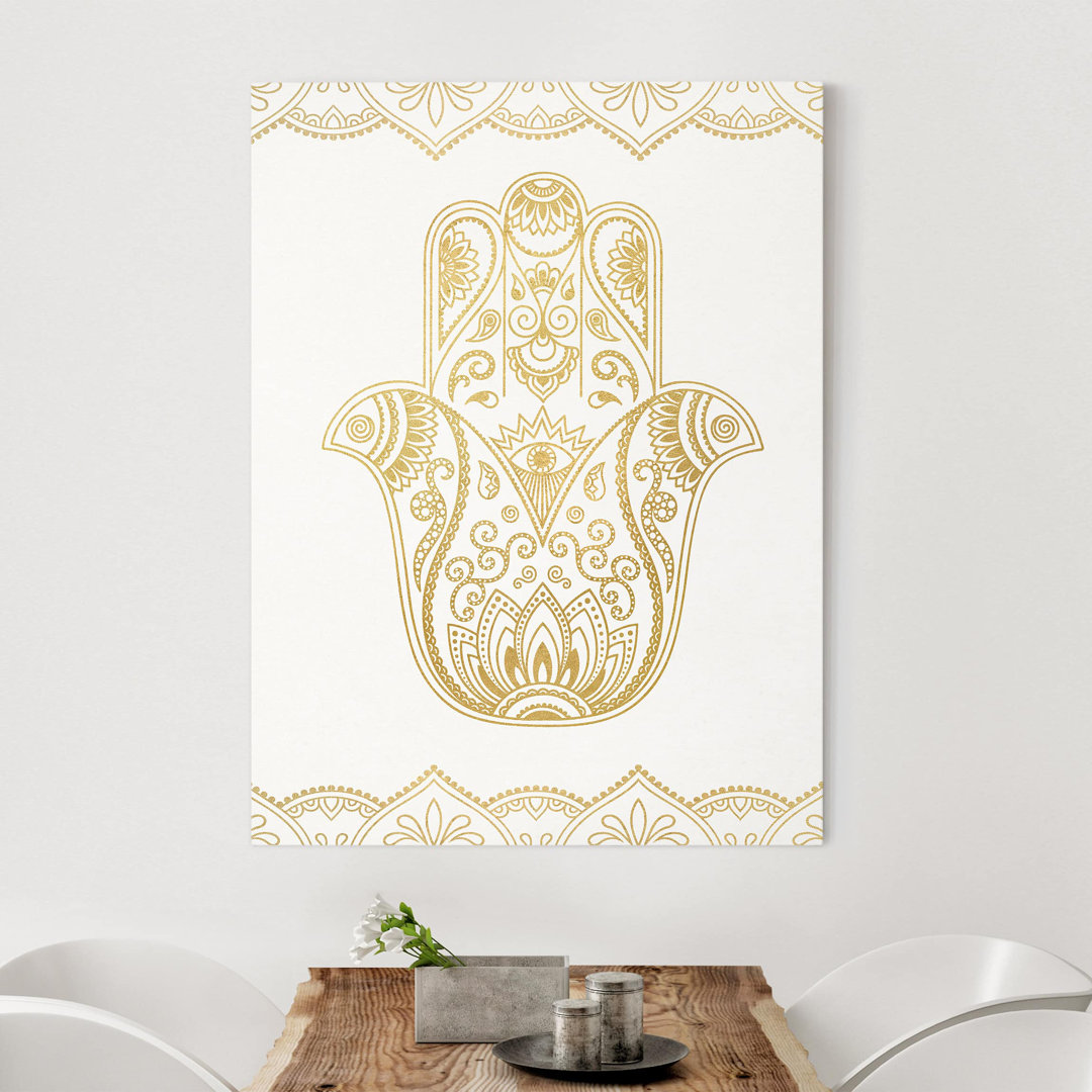 Leinwandbild Hamsa Hand Illustration Weiß Gold