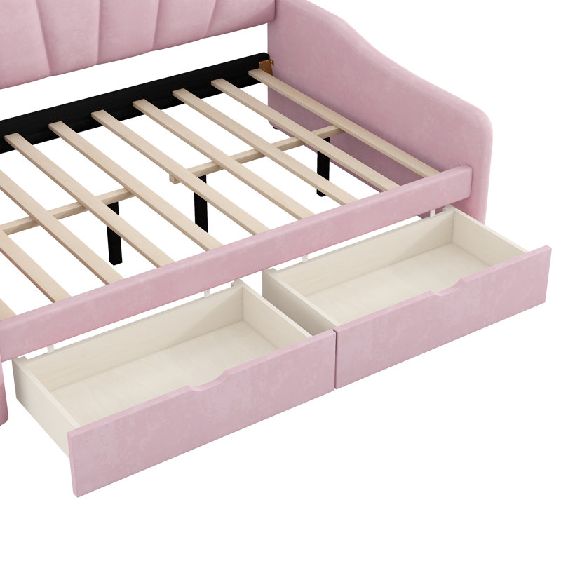 Upholstered Daybed Wtih With Shall Shaped Backrest And 2 Drawers, Pink