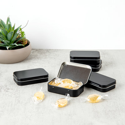 Restaurantware-RW Base 4.5 Ounce Rectangular Tin Containers, 10 Durable Tin Boxes With Lids - Hinged Lids, Rounded Edges, Black Storage Containers, Customizable, Fits Mints, Pills, Or Herbs