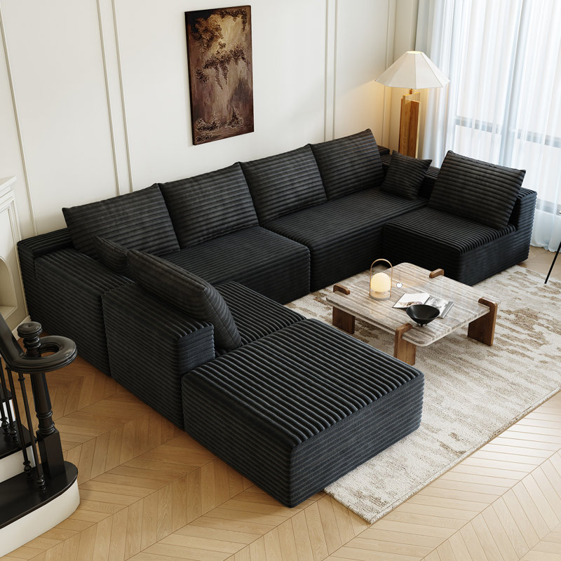 139.4" Modular Sectional Sofa, Oversized U-Shaped Minimalist Couches with 2 Middle Seats and 1 Ottoman Chaise, Modern Deep Seat Convertible Sleeper Sofa, Cloud Plush Corduroy Fabric,7 Seater