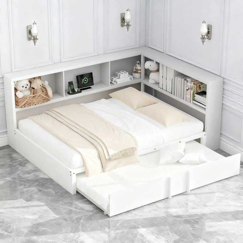 Daybed with Trundle, Storage Cabinets and USB Ports, White