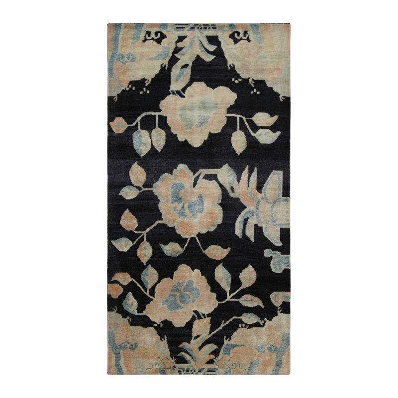 Art Deco Hand Knotted Floral Area Rug, Rectangle 5' x 7'