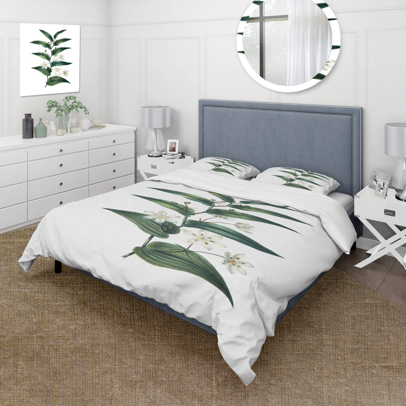 Plante rétro avec petites fleurs blanches - ensemble de housse de couette Farmhouse - microfibre de polyester