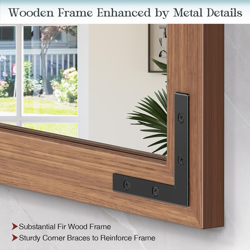Brown Solid Wood Rectangular Farmhouse Mirror with Metal Accents