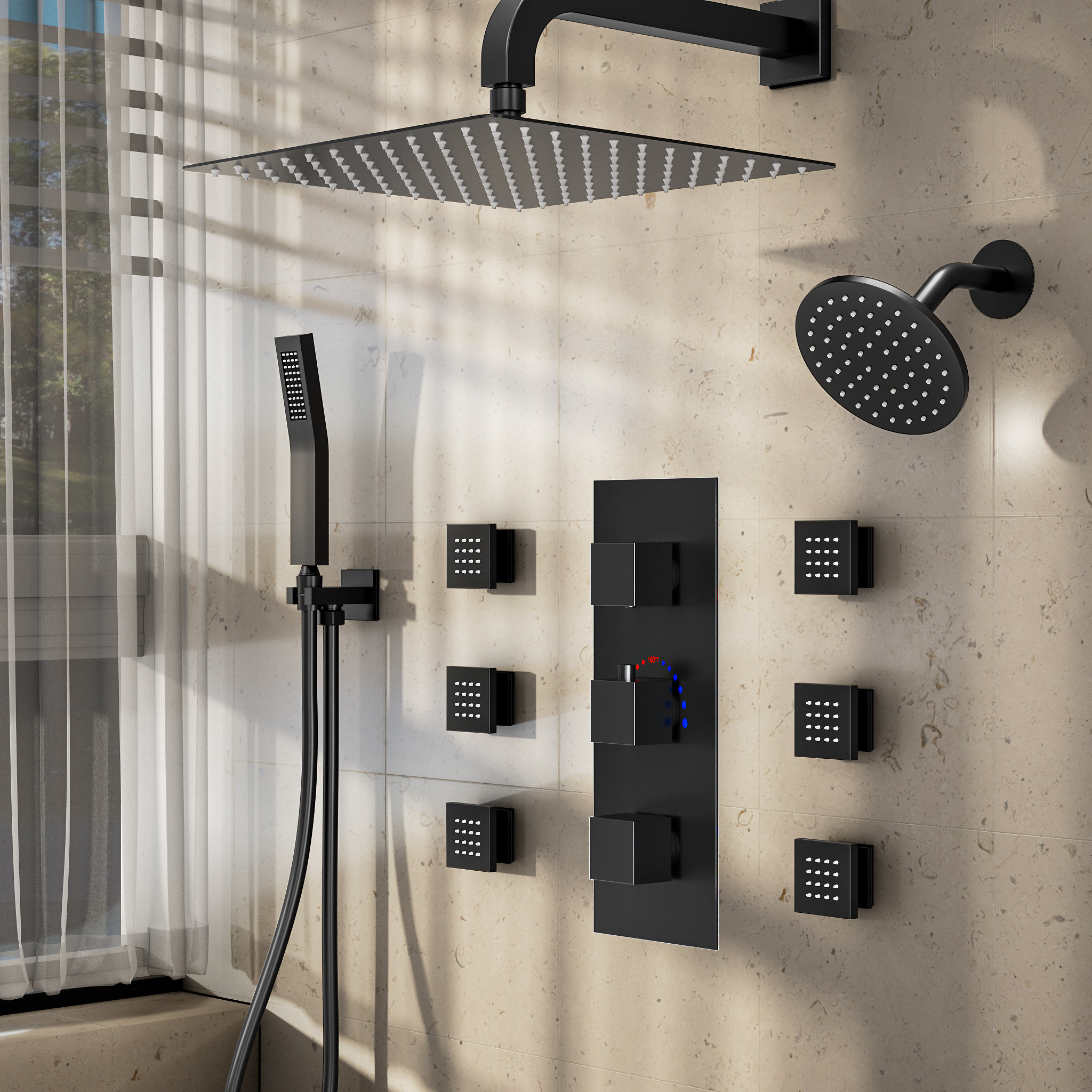 Modern Matte Black Wall Mounted 12 Rainfall Showerhead & Handheld Shower Set with Six Body Spray Jets Thermostatic Solid Brass