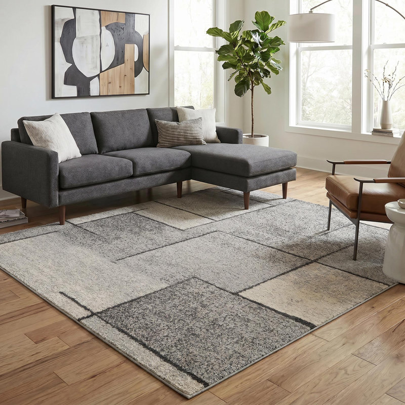 Celil Geometric Shapes Area Rug, GREY, 200 x 290 cm (Rectangular)