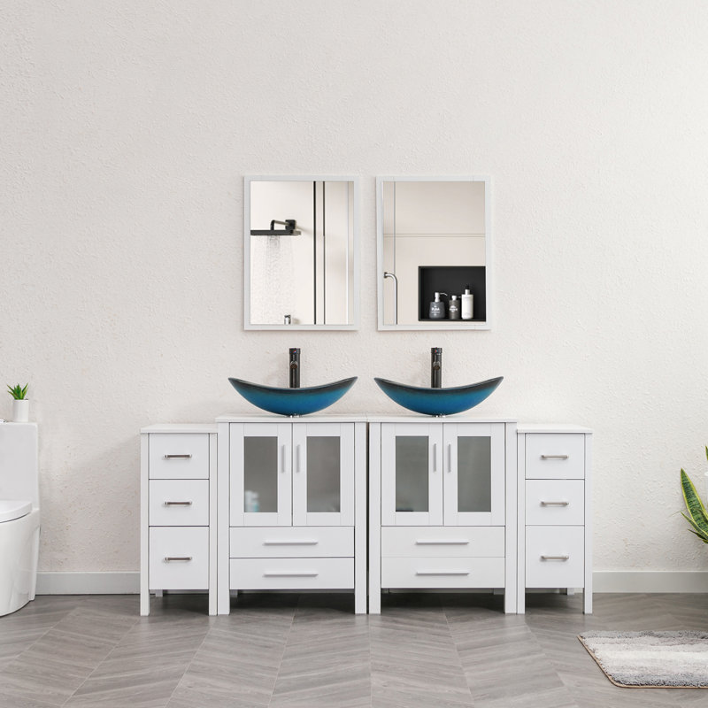 Meuble-lavabo double autoportant de 72 po avec plateau en verre et miroir Base color: BlackSink color: Blue, Bleu, Blanc
