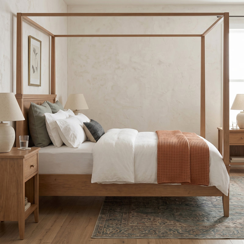 Cadre de lit plateforme en bois à baldaquin de style moderne du milieu du siècle avec tête de lit, Queen