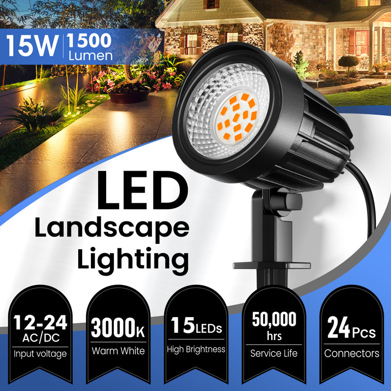 15W Adjustable LED Low Voltage Metal Landscape Spotlights, IP66 Waterproof, 3000K Warm White with Connectors (12 Pack)