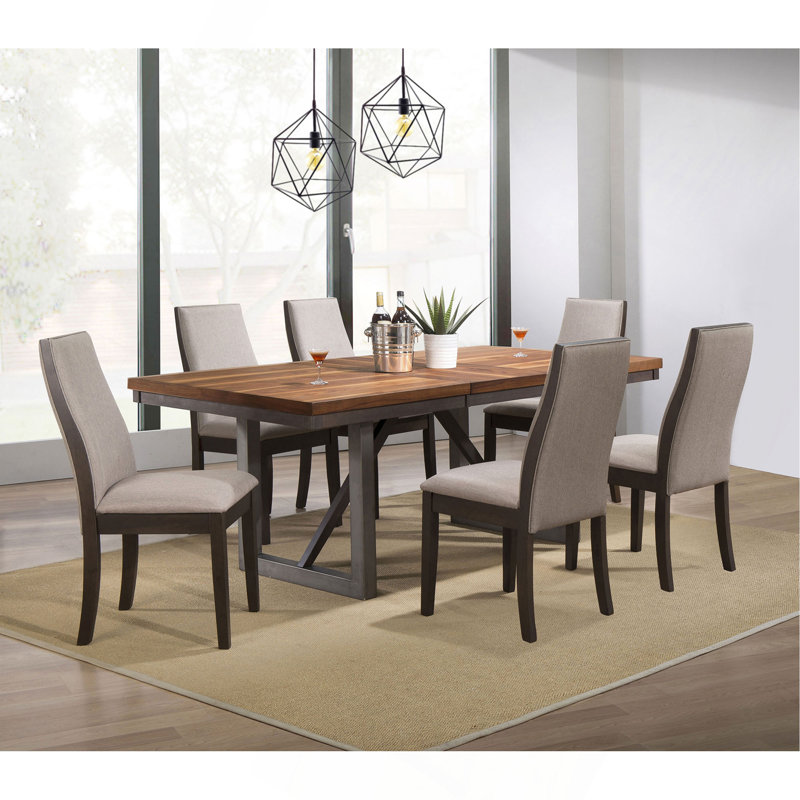 Natural Walnut And Grey Dining Set, Brown, 7 Pieces: Table, 6 Chairs