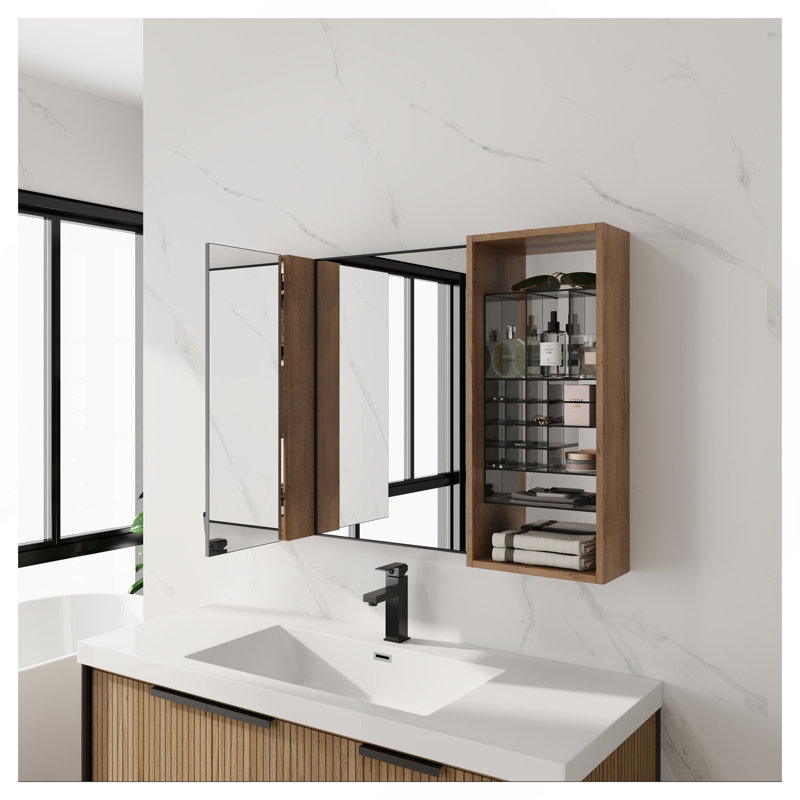 Armoire de toilette 41,3 po avec rangement, armoire à pharmacie murale avec porte miroir, tablettes en verre réglables, contreplaqué
