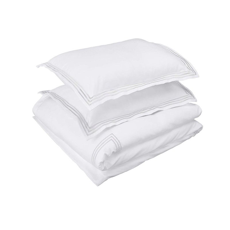 400TC Cotton Triple Embroidery Sateen Solid Duvet Cover Set, White/light Grey, Twin/Twin XL Duvet Cover
