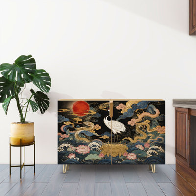 Sideboard Buffet Cabinet with Storage Elegant Crane Oriental Landscape Red Moon Lotus Flowers with 2 Doors for Living Room and Kitchen