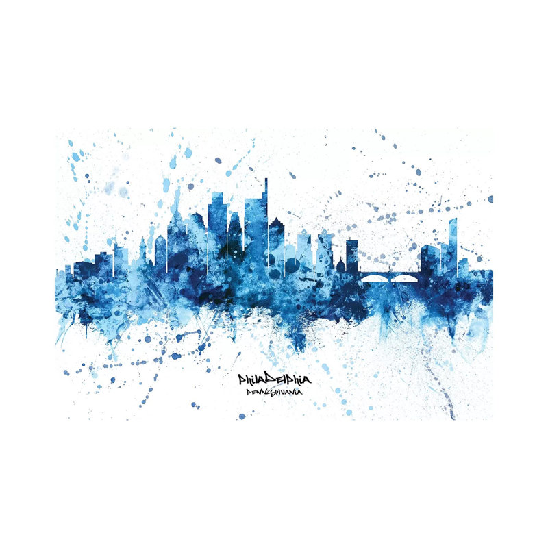 Philadelphia Skyline Splash Blue by Michael Tompsett - Wrapped Canvas Print, 20.32 cm H x 30.48 cm W