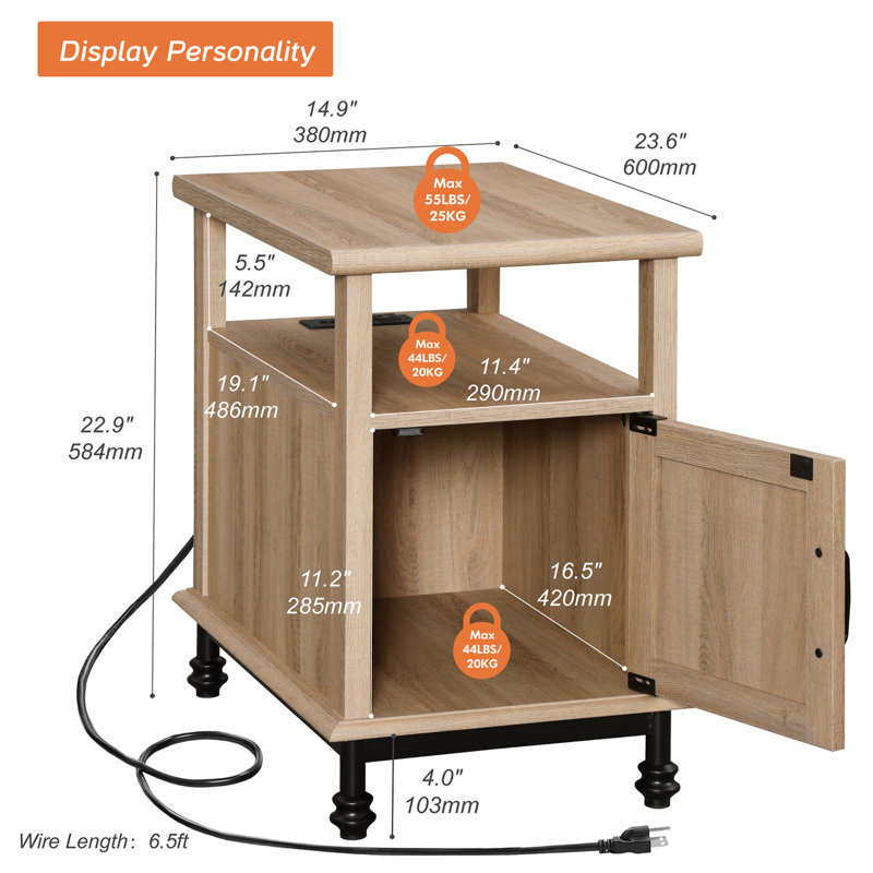 Modern End Tables With Charging Station, Individual, Oak/Oak