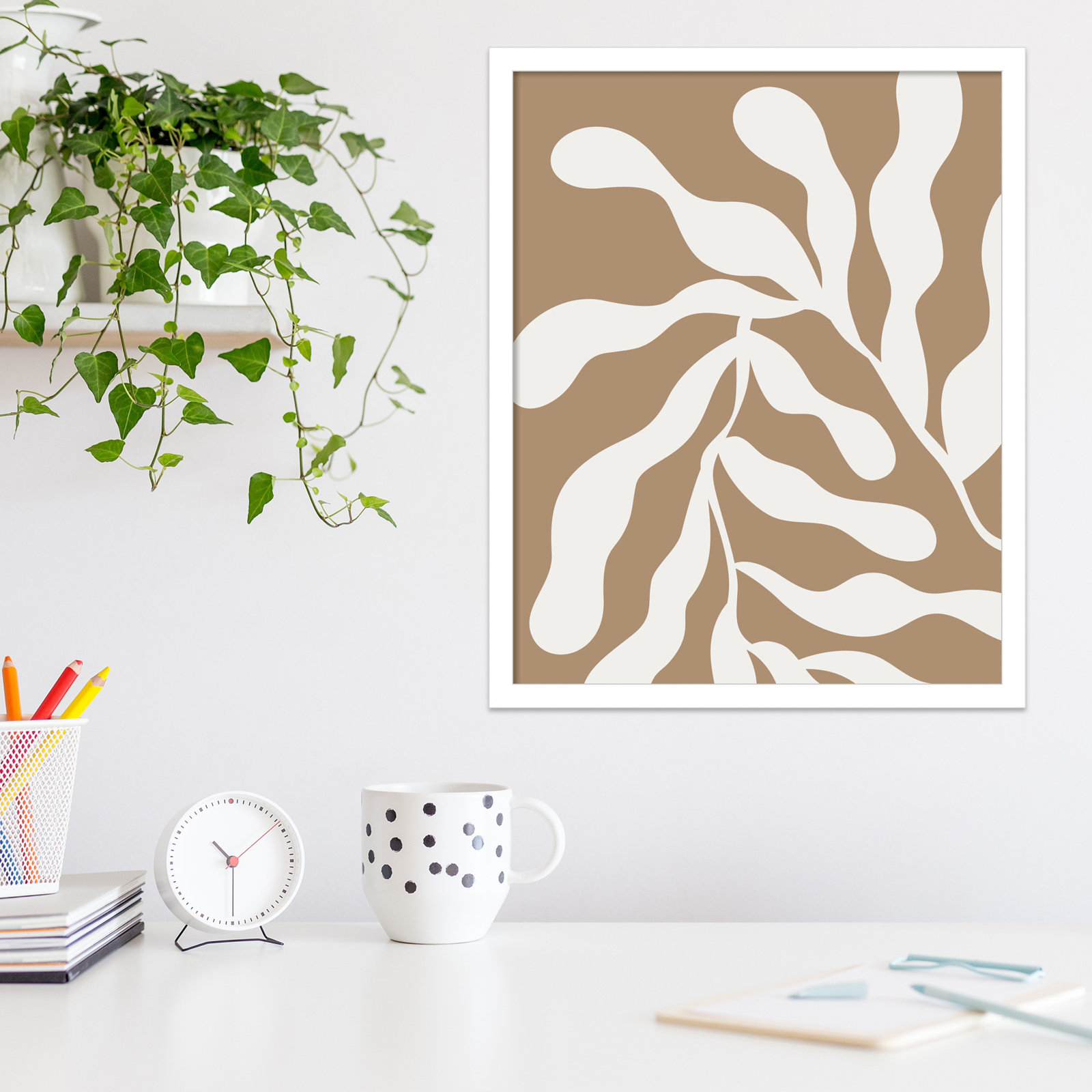 Retro Matisse Inspired Abstract Botanical 1 Beige by The Creative Bunch Studio, White, 21" H x 17" W x 1" D