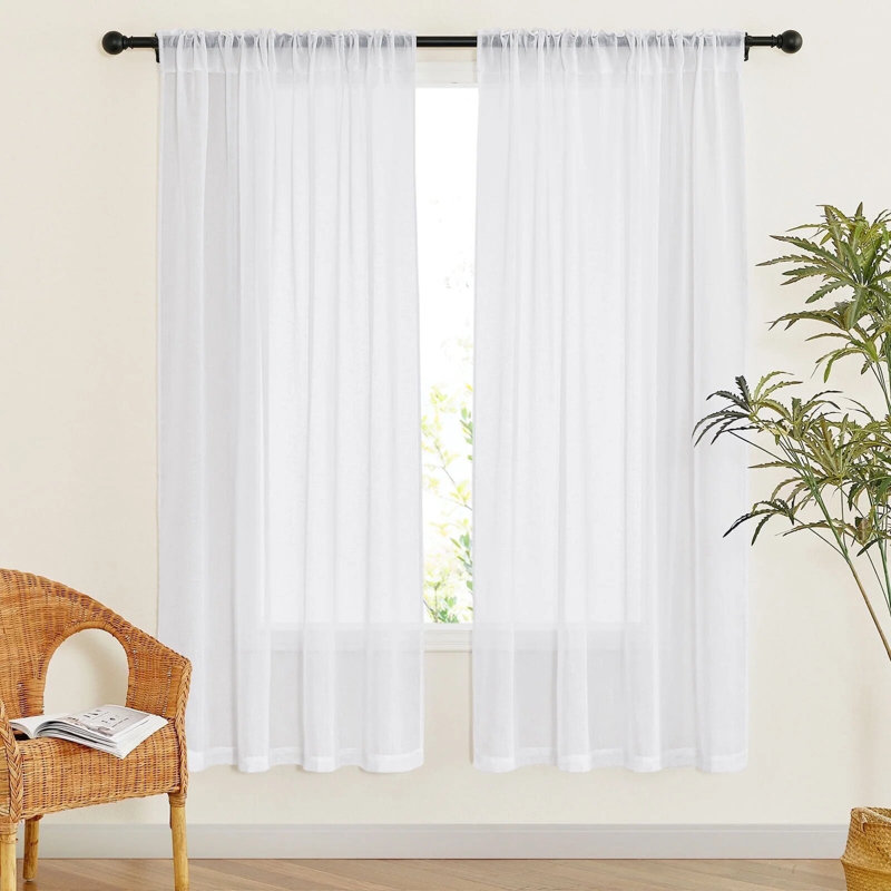 Sheer Linen Curtains for Living Room, Rod Pocket & Back Tab Semi Sheer Drapes Privacy Semitransparent Faux Flax Open Linen Panels for Study Room